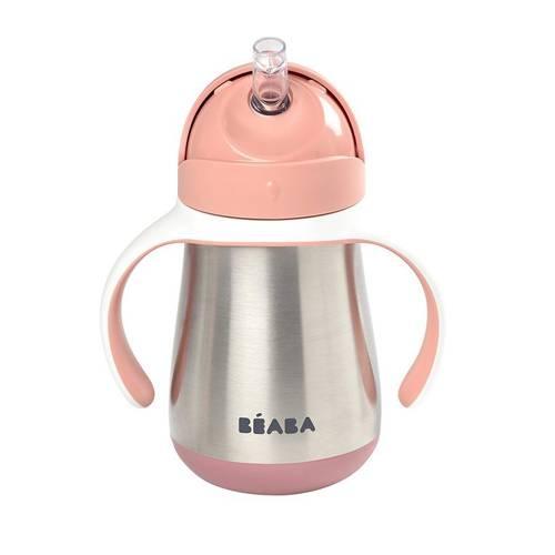Beaba - Butelka - bidon - kubek niekapek, stalowa ze słomką -250 ml, old pink