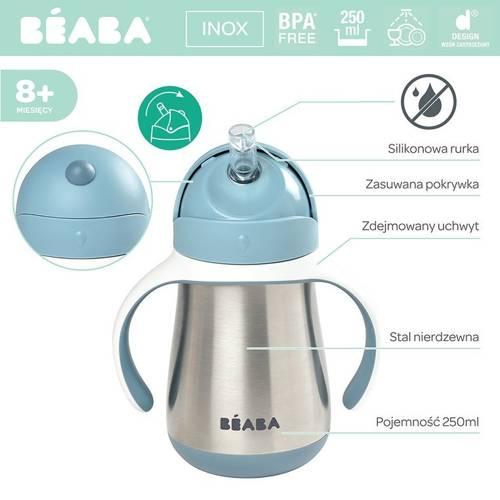 Beaba - Butelka - kubek niekapek stalowa ze słomką - 250 ml, windy blue
