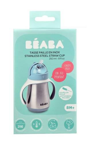 Beaba - Butelka - kubek niekapek stalowa ze słomką - 250 ml, windy blue
